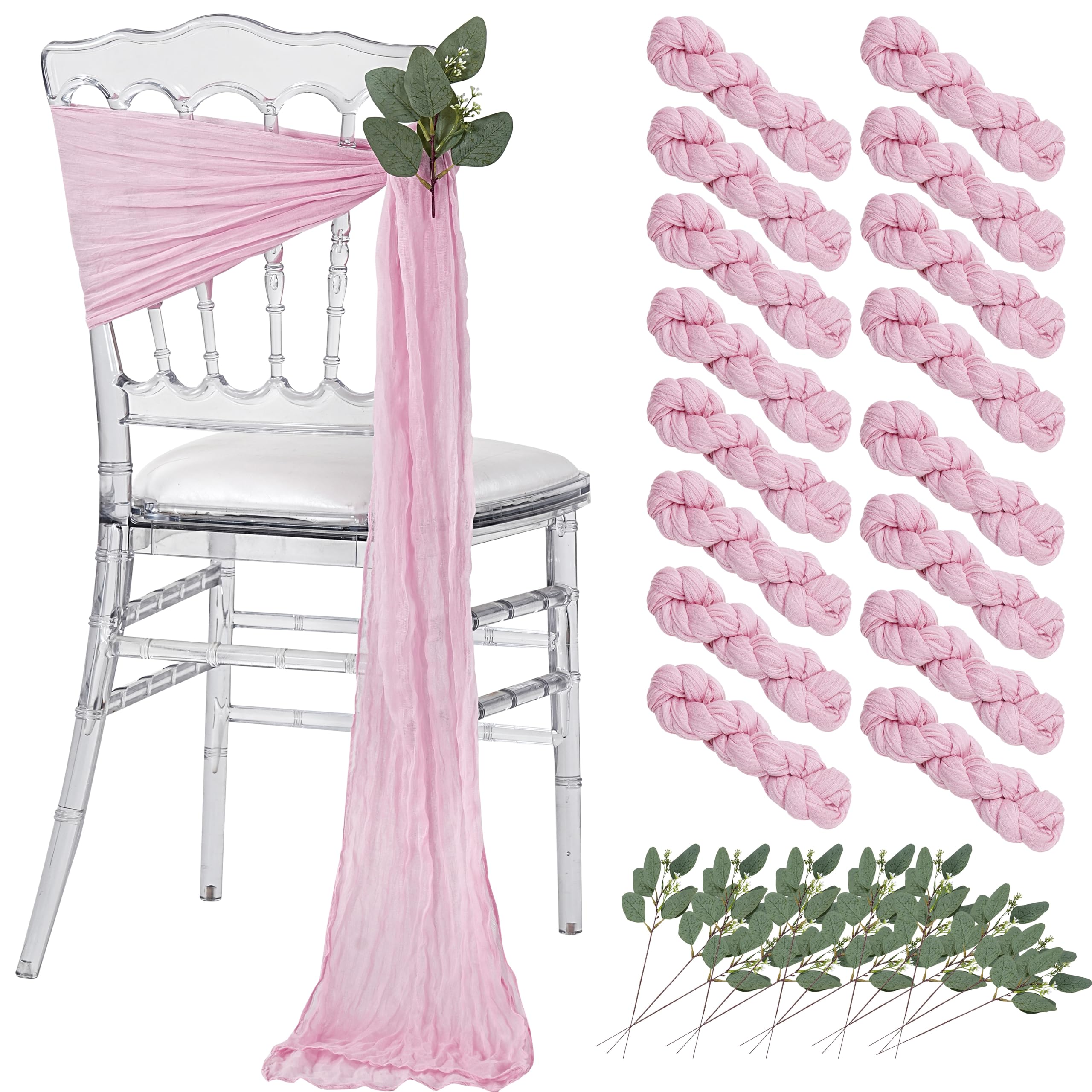 Dusty Blue Cheesecloth Chair Sashes: 16 Packs Bows Designed Church Chair Cover - Wedding Party Outdoor Chairs Decoration