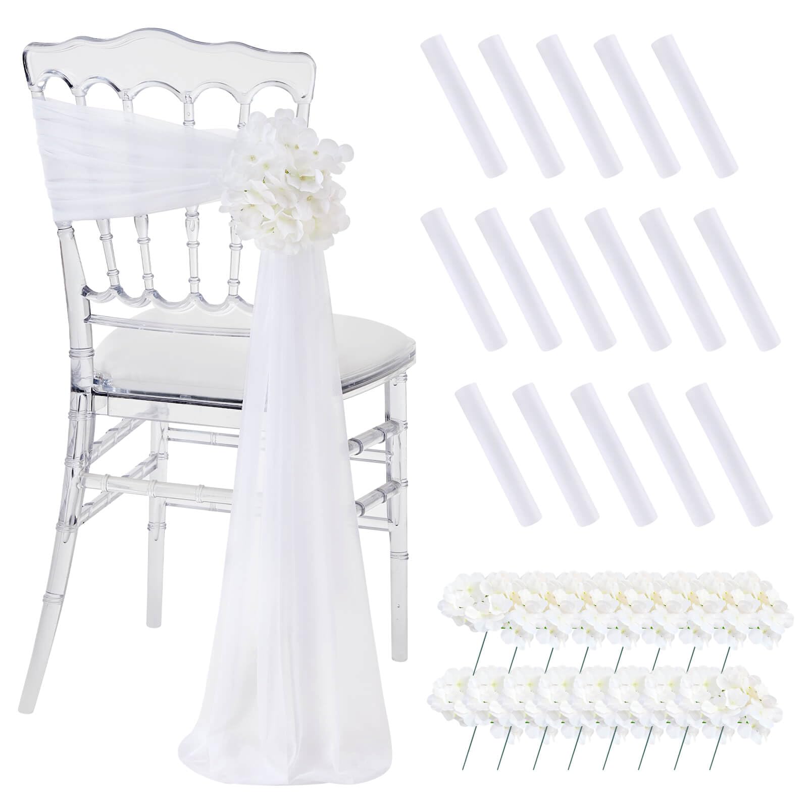 White Wedding Chair Sashes, 16 Pack Sheer Tulle with Artificial Hydrangea Accents for Ceremony & Reception Decorations