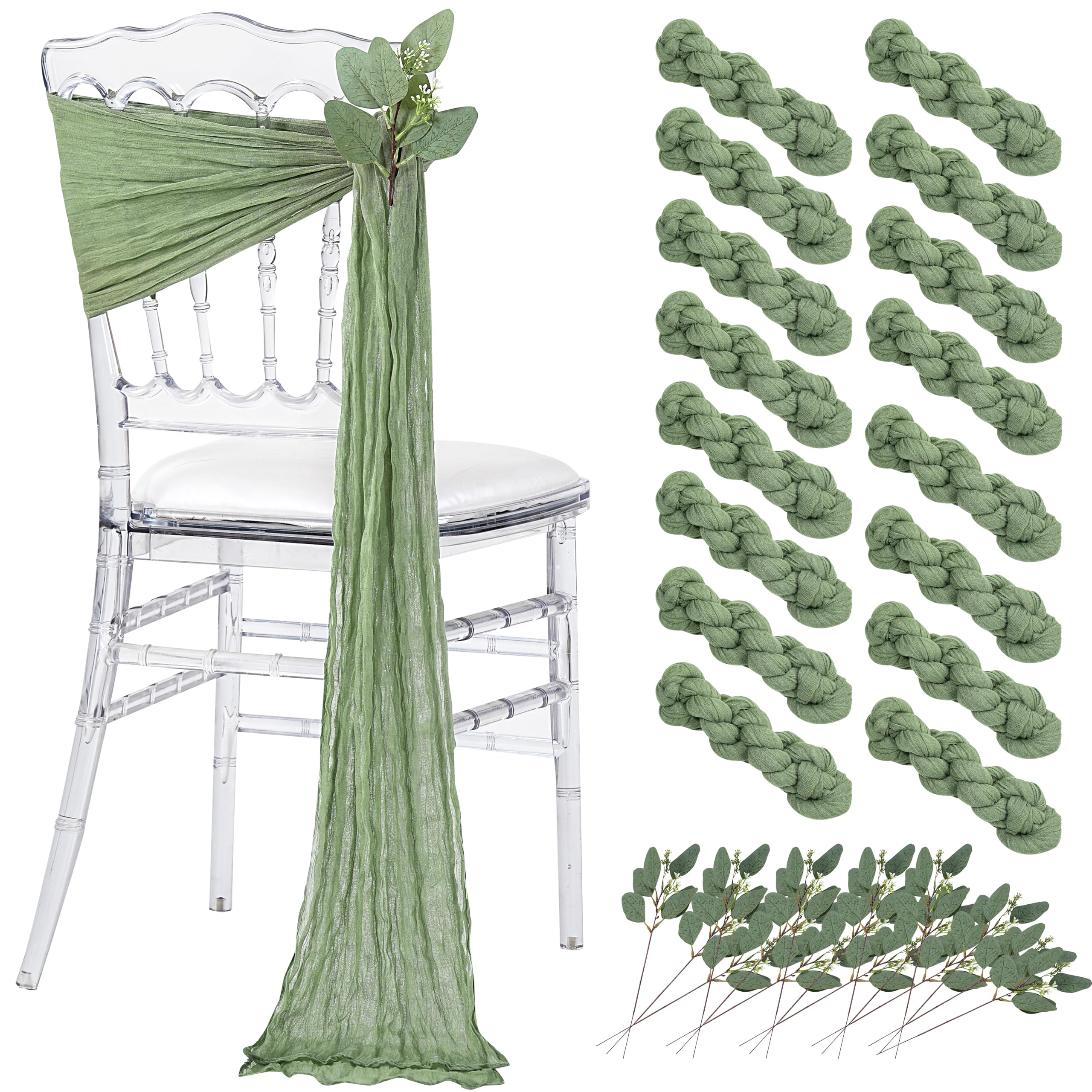 Dusty Blue Cheesecloth Chair Sashes: 16 Packs Bows Designed Church Chair Cover - Wedding Party Outdoor Chairs Decoration