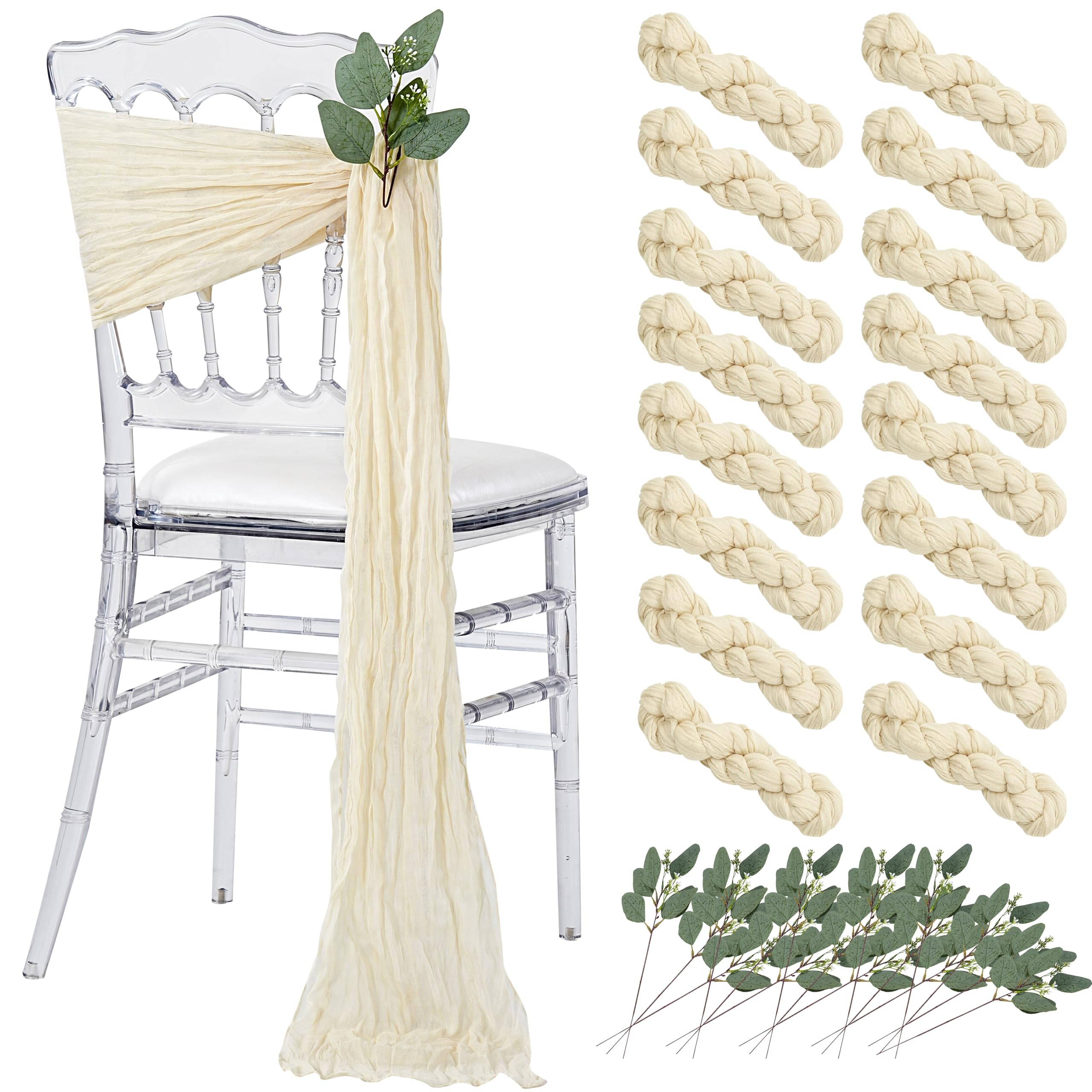 Dusty Blue Cheesecloth Chair Sashes: 16 Packs Bows Designed Church Chair Cover - Wedding Party Outdoor Chairs Decoration