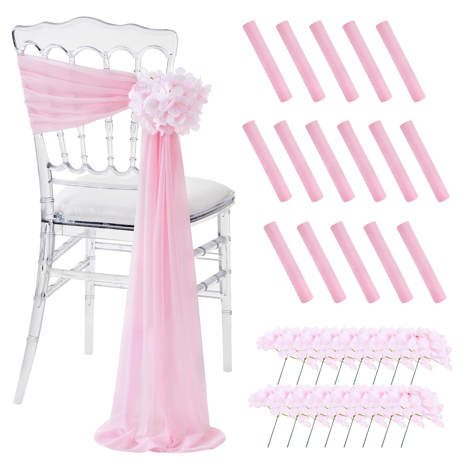 White Wedding Chair Sashes, 16 Pack Sheer Tulle with Artificial Hydrangea Accents for Ceremony & Reception Decorations