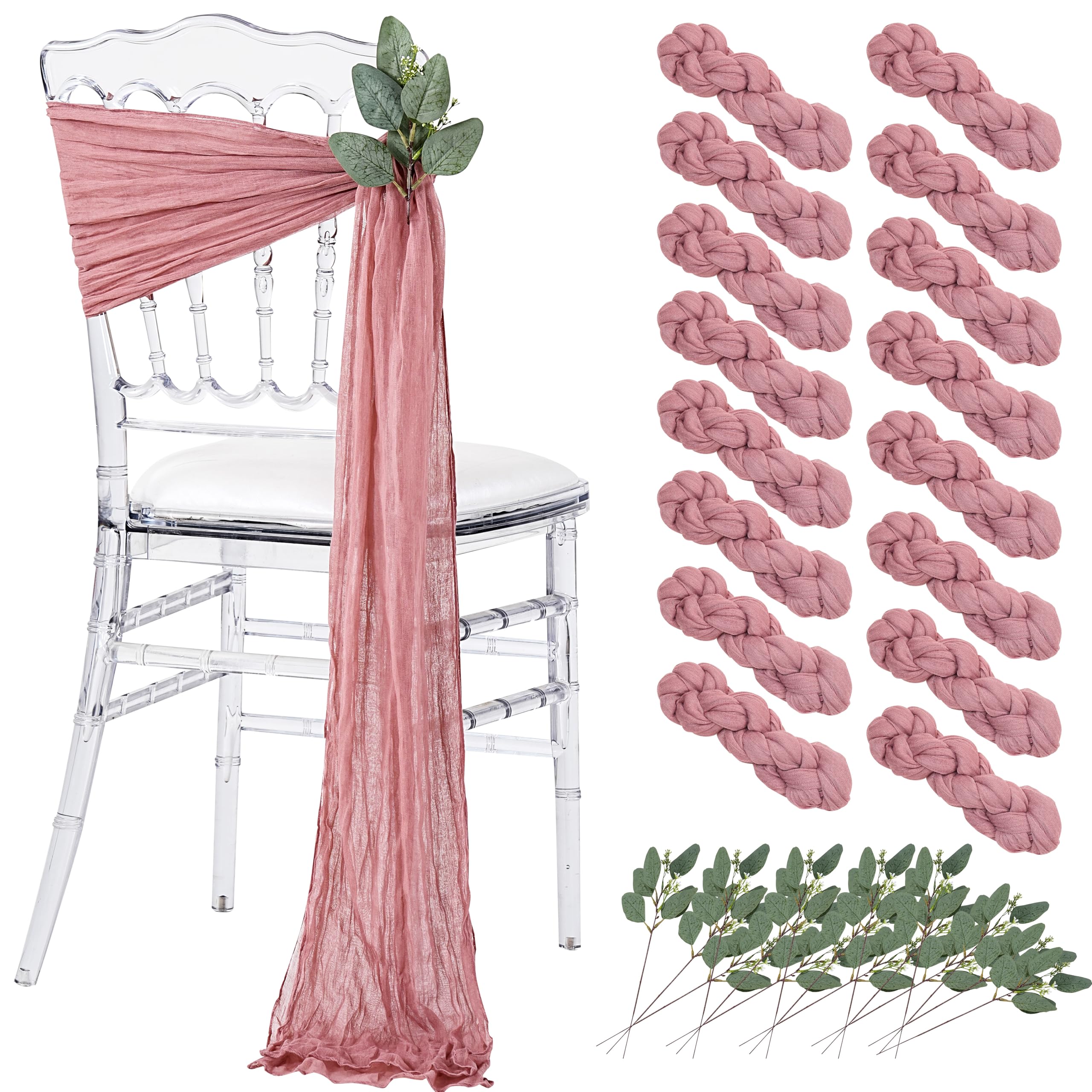 Dusty Blue Cheesecloth Chair Sashes: 16 Packs Bows Designed Church Chair Cover - Wedding Party Outdoor Chairs Decoration