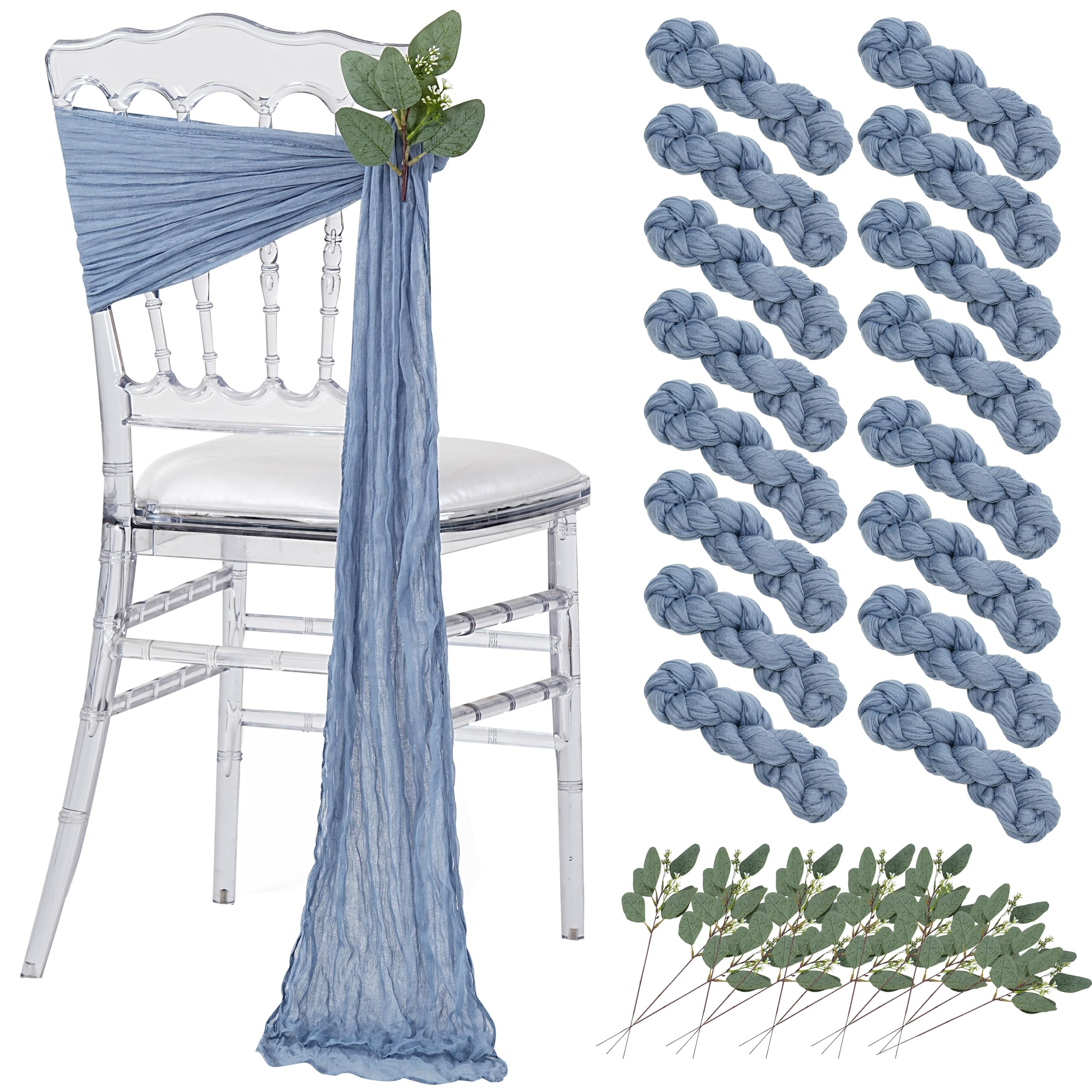 Dusty Blue Cheesecloth Chair Sashes: 16 Packs Bows Designed Church Chair Cover - Wedding Party Outdoor Chairs Decoration