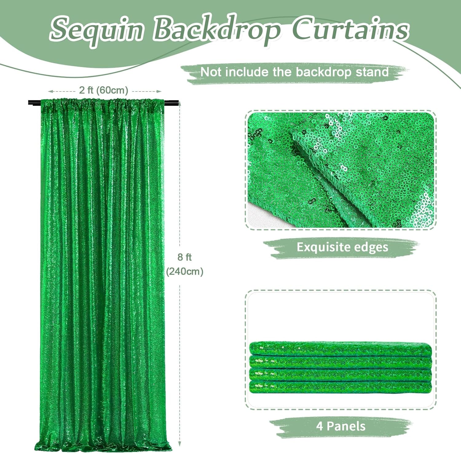 Vowedlight Green Sequin Backdrop Curtains-4 Panels 2FTx8FT Green Christmas Backdrop for Glitter Party Decorations Background Drapes for Wedding Birthday Anniversary Graduation Photo Booth Decor