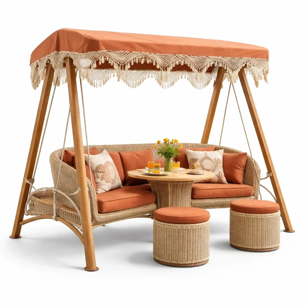 Canape balancelle exterieur avec toit frange et table basse-easehomey