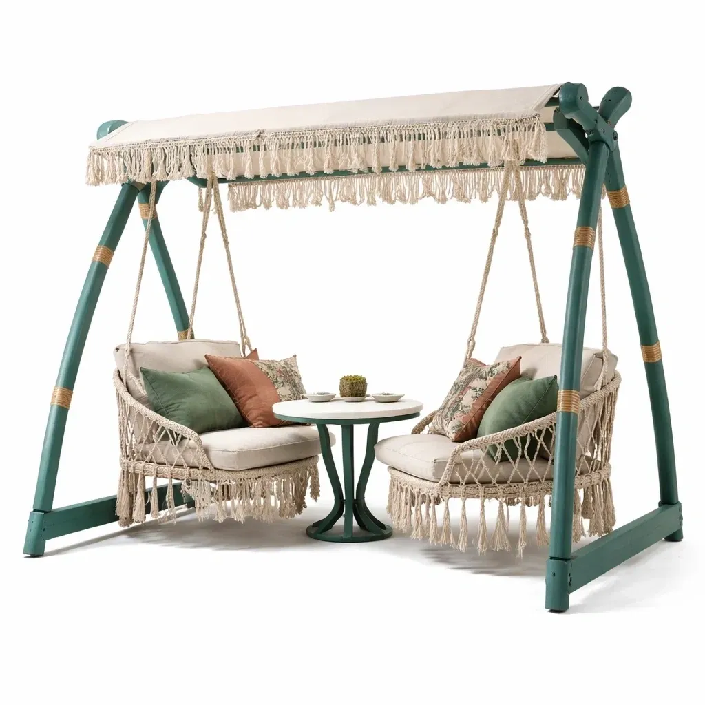 Balancelle jardin boheme avec deux fauteuils suspendus et table ronde-easehomey