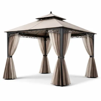 Pavillon de jardin acier avec rideaux beiges-easehomey