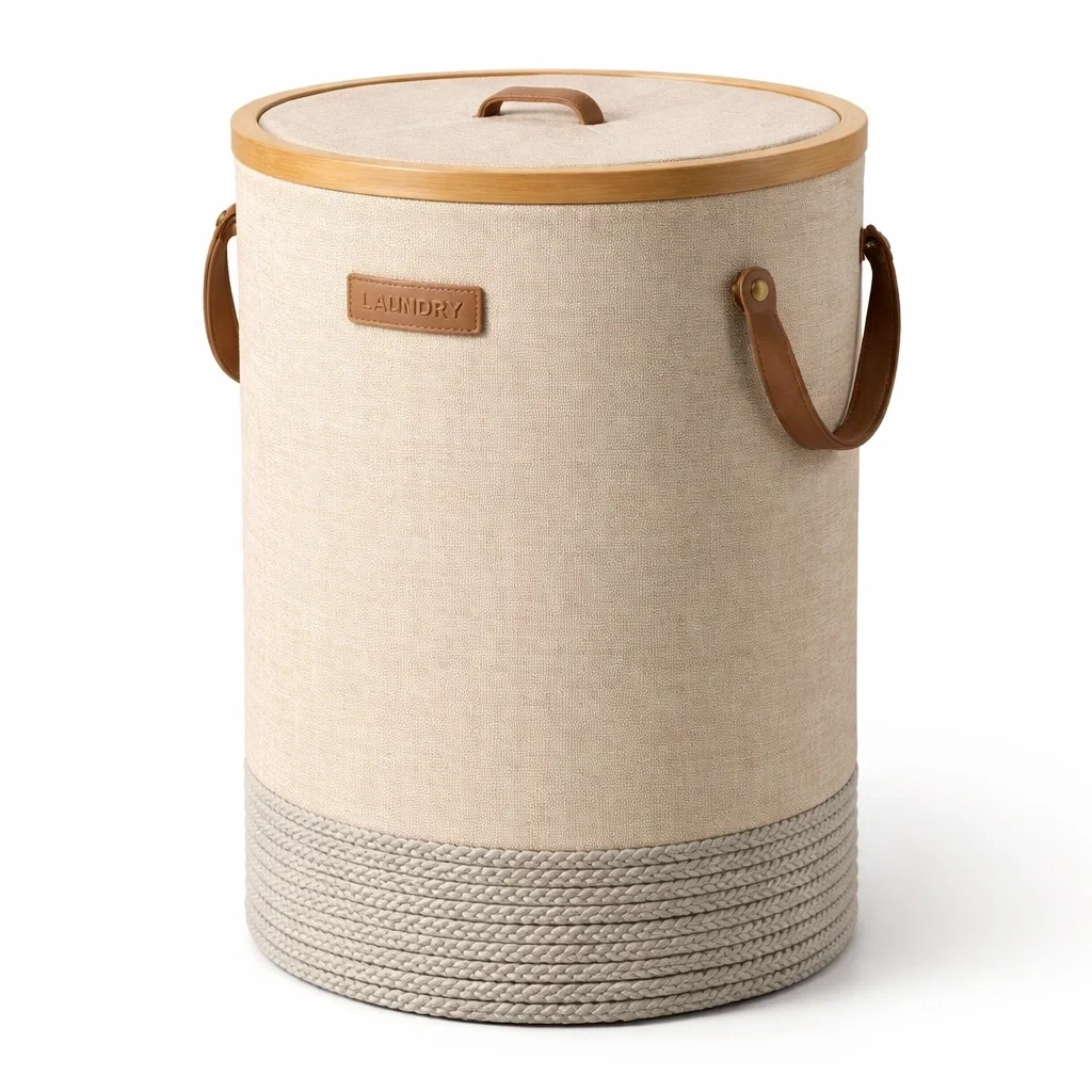 Panier a linge rond tissu beige avec couvercle bambou-easehomey