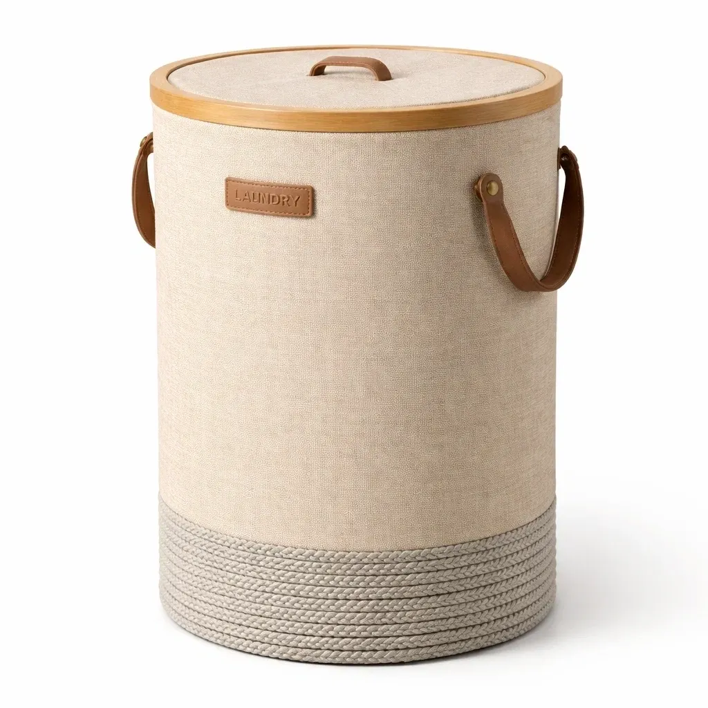 Panier a linge rond tissu beige avec couvercle bambou-easehomey