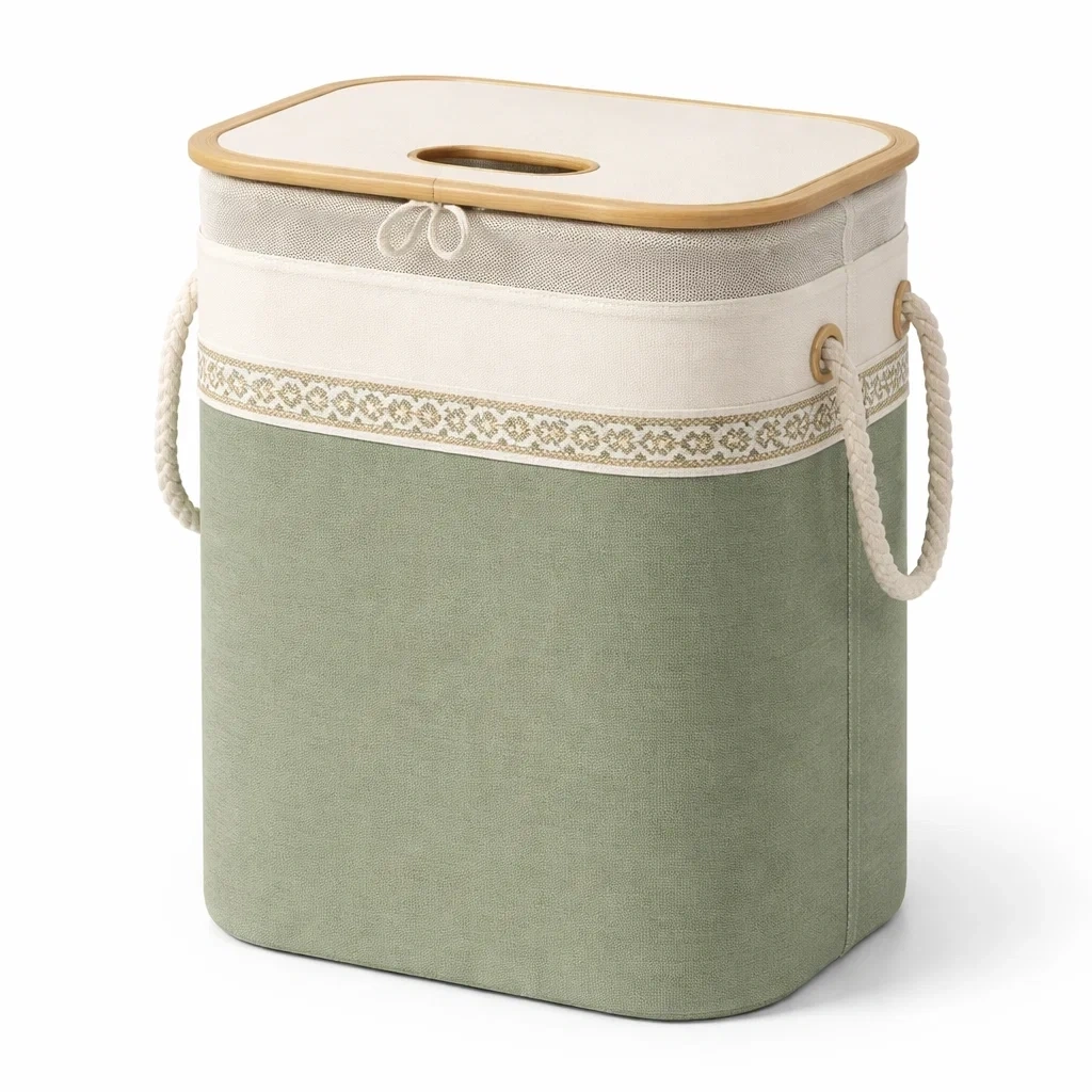 Panier a linge rectangulaire vert tissu avec couvercle bambou-easehomey