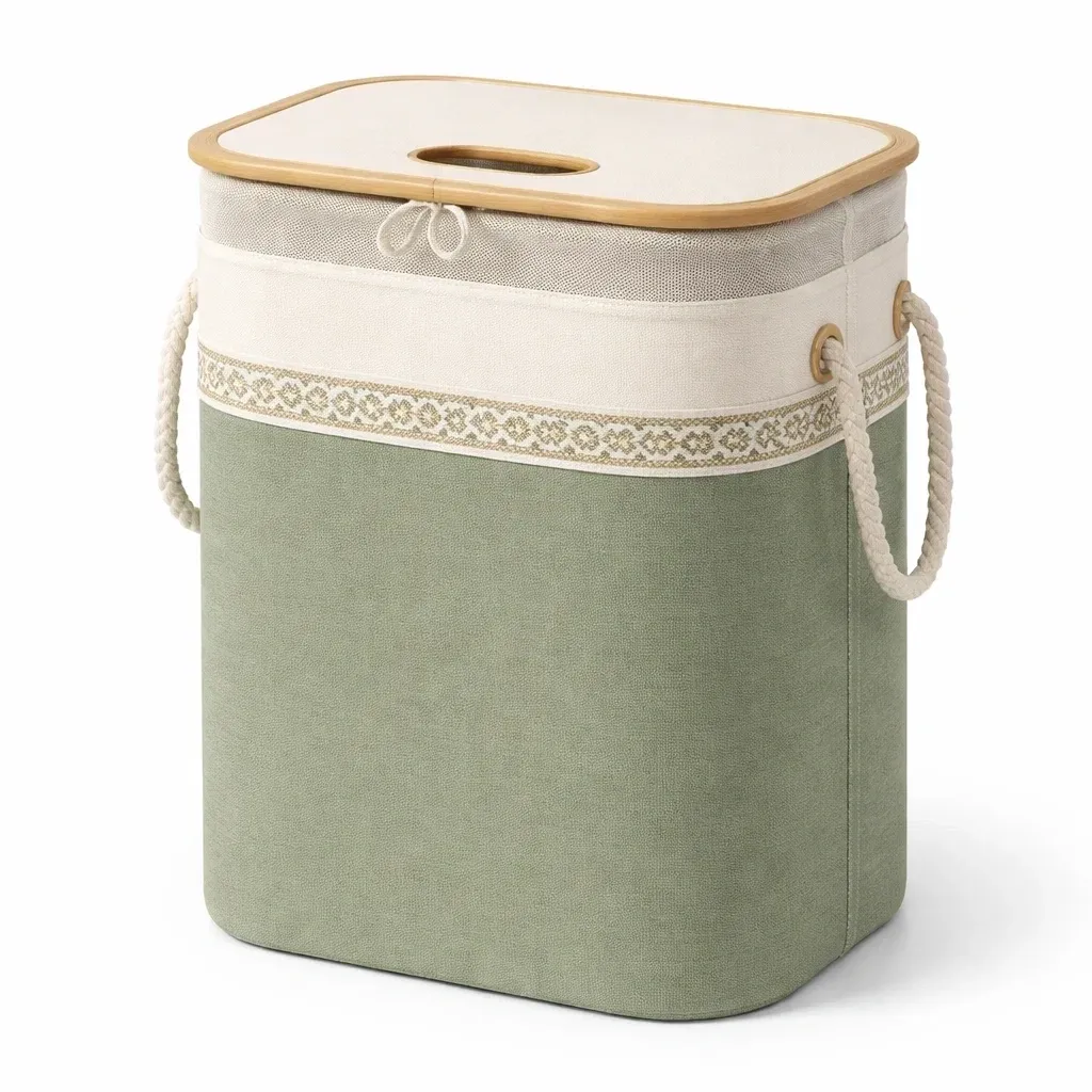Panier a linge rectangulaire vert tissu avec couvercle bambou-easehomey