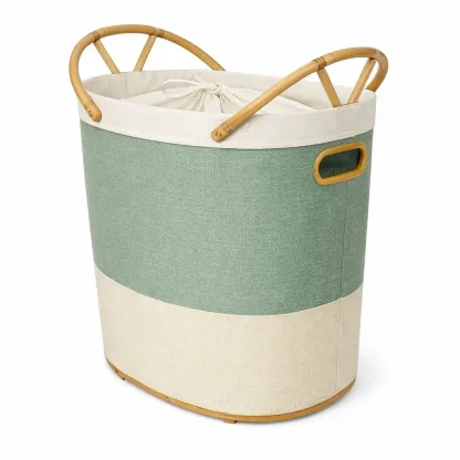 Panier a linge ovale tissu vert avec anses bois-easehomey