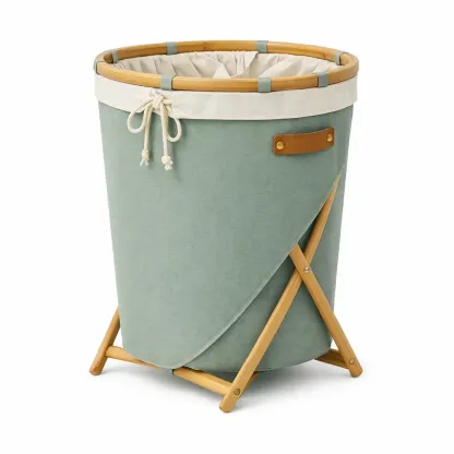 Panier a linge pliable tissu vert avec structure bambou-easehomey
