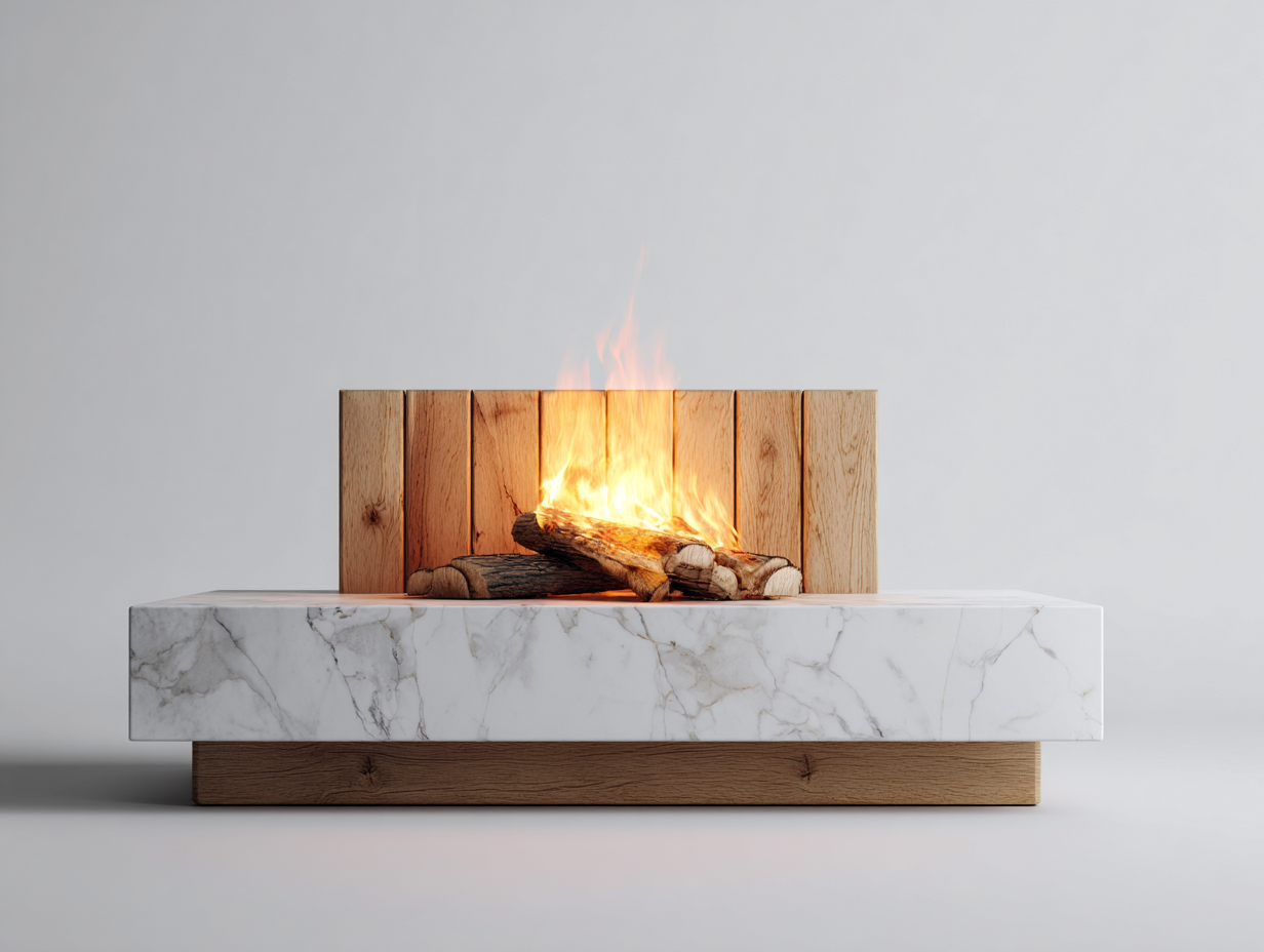 Fireplace marble and wood finish 48x16x20 (inches) - white-natural wood - modern freestanding design-Casauphub
