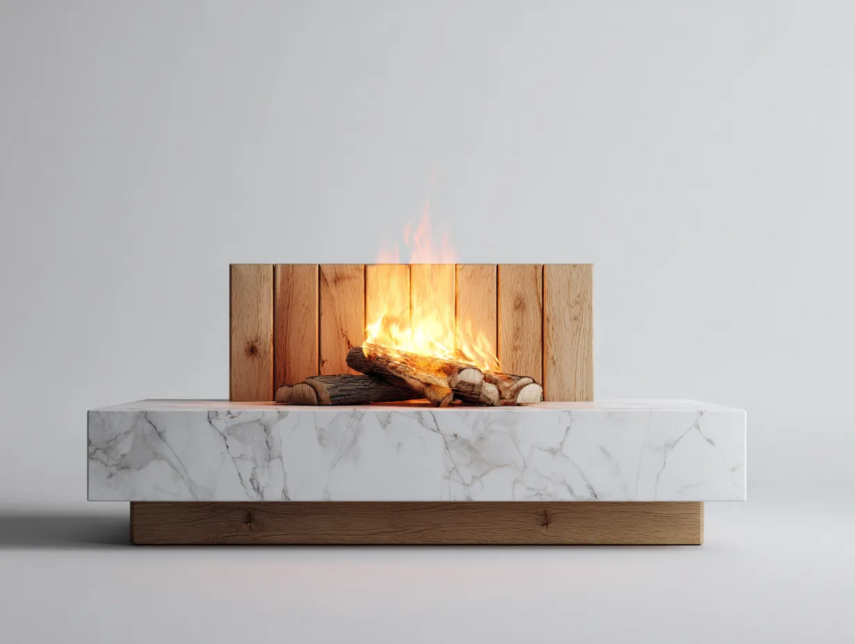 Fireplace marble and wood finish 48x16x20 (inches) - white-natural wood - modern freestanding design-Casauphub