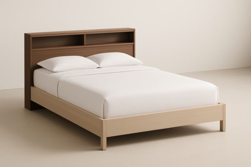 Letto matrimoniale con testiera a scaffale in legno massello chiaro e scuro 200x160x120 cm