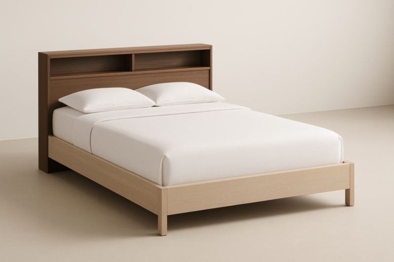 Letto matrimoniale con testiera a scaffale in legno massello chiaro e scuro 200x160x120 cm