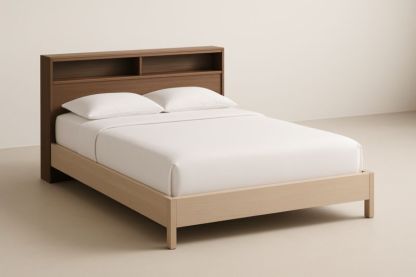 Letto matrimoniale con testiera a scaffale in legno massello chiaro e scuro 200x160x120 cm