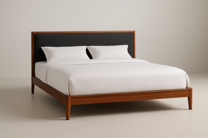 Letto matrimoniale in rovere con testiera in tessuto nero, dimensioni 200x160x100 cm