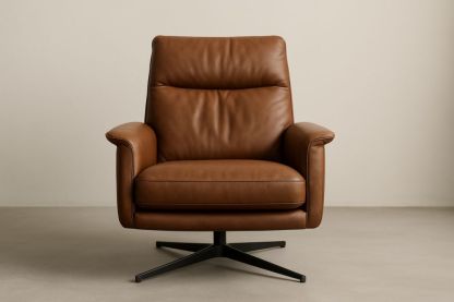 Poltrona in pelle marrone con base in metallo