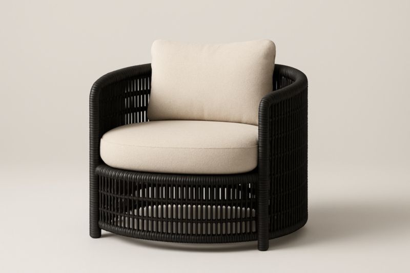Poltrona Relax Rotonda in Rattan Nero con Rivestimento in Tessuto Poliestere Beige