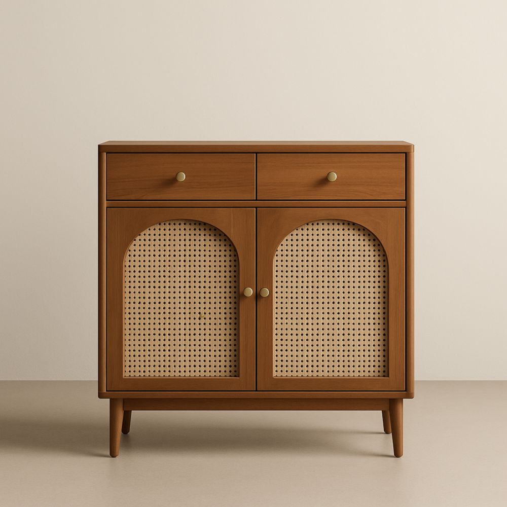 Credenza in Legno e Rattan con Doppio Cassetto Marrone 100x90x40 cm-Livornestix