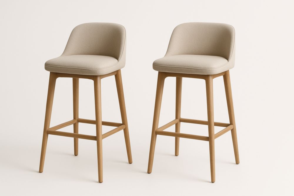 Set di 2 sgabelli alti in tessuto beige con gambe in legno-Livornestix