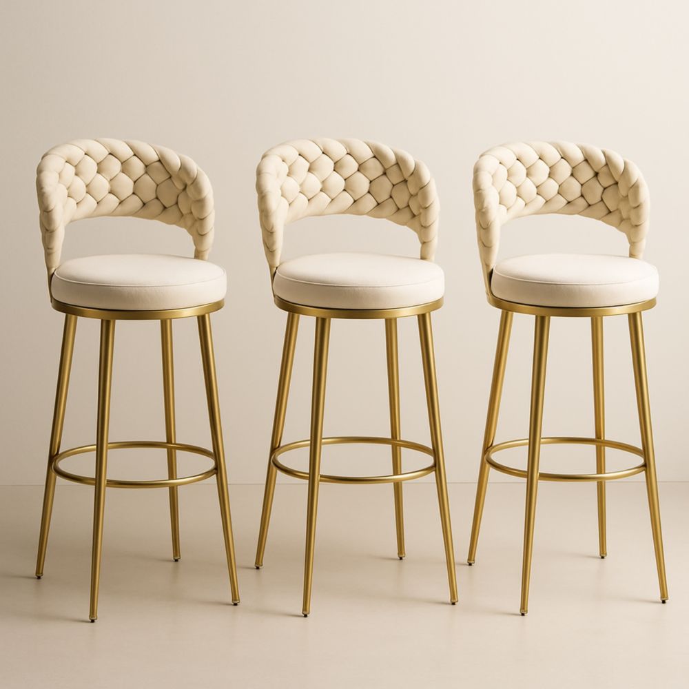 Set di 3 sgabelli da bar con tessuto in poliestere, schiuma e acciaio dorato, colore avorio, altezza 102 cm-Dwelltrendo