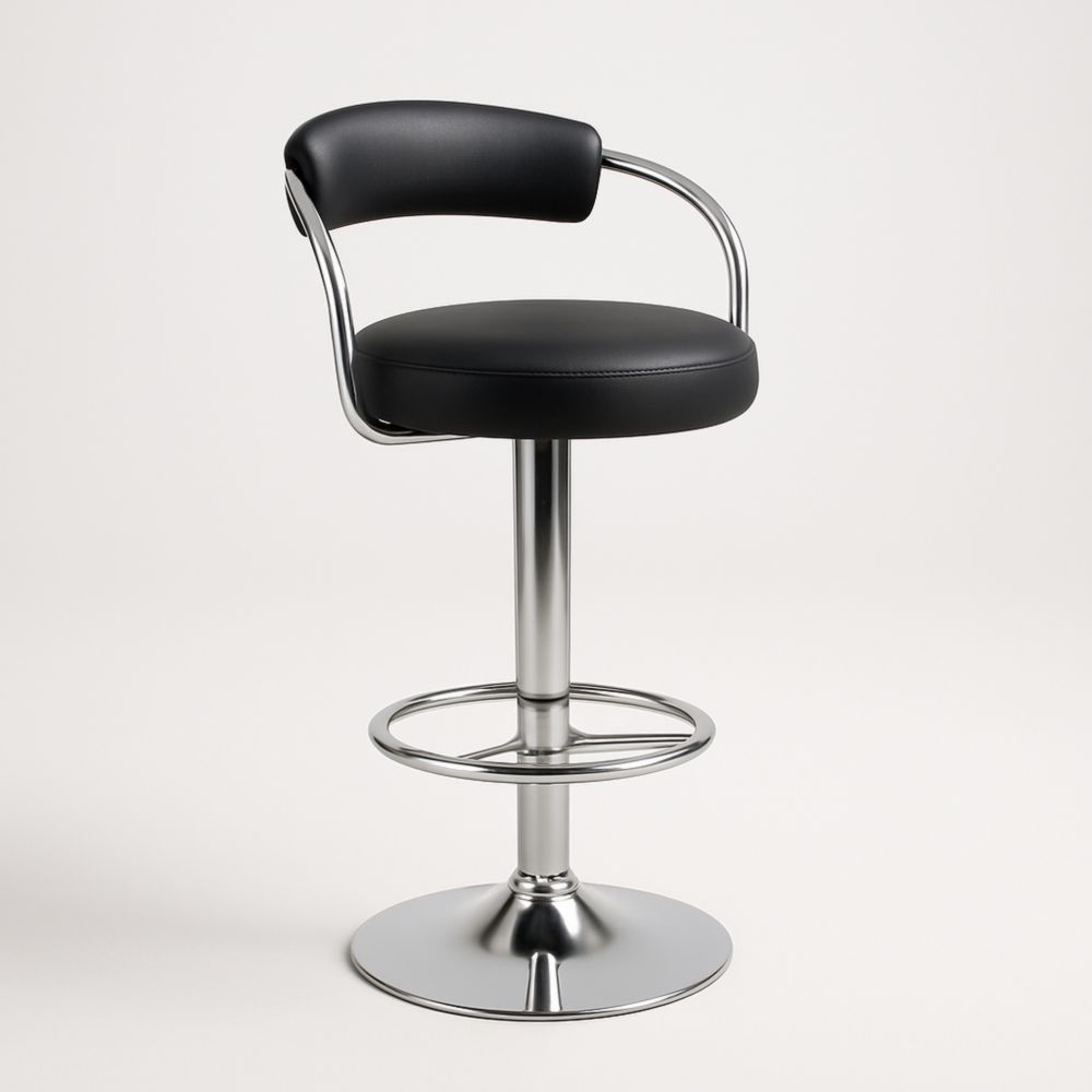 Sgabello da Bar in Acciaio Cromato e Pelle Sintetica Nera, Altezza Regolabile-Dwelltrendo