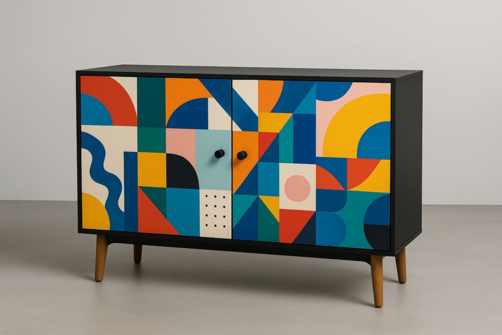 Credenza moderna geometrica in legno con ante colorate 120x40x80 cm-Dwelltrendo