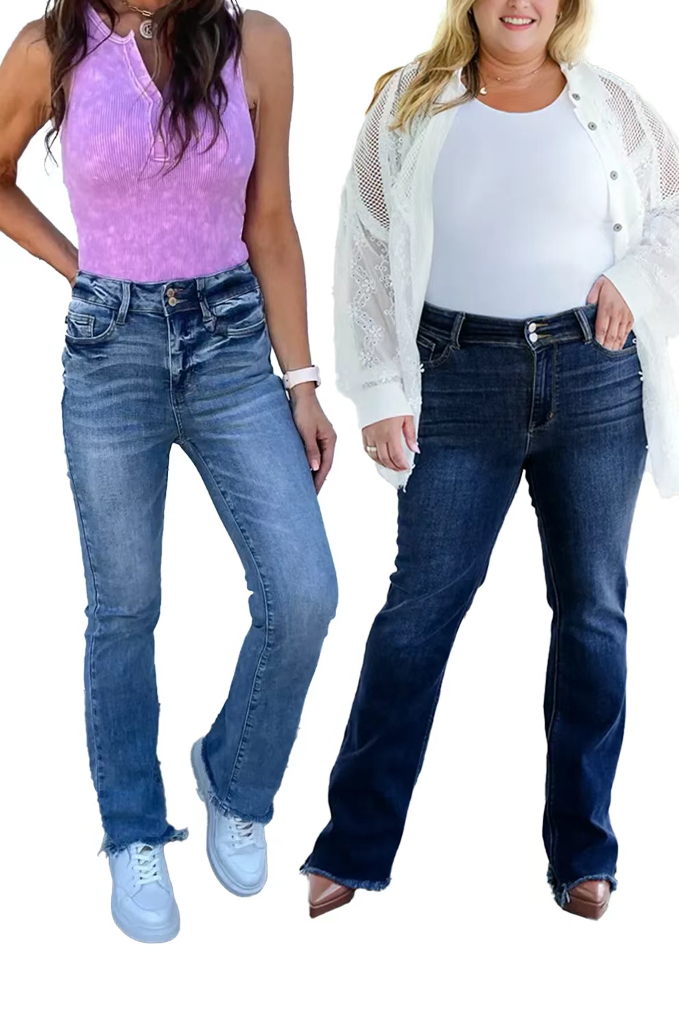 Vintage Double Button Frayed Hem Bootcut Jeans (Buy 2 Free Shipping)