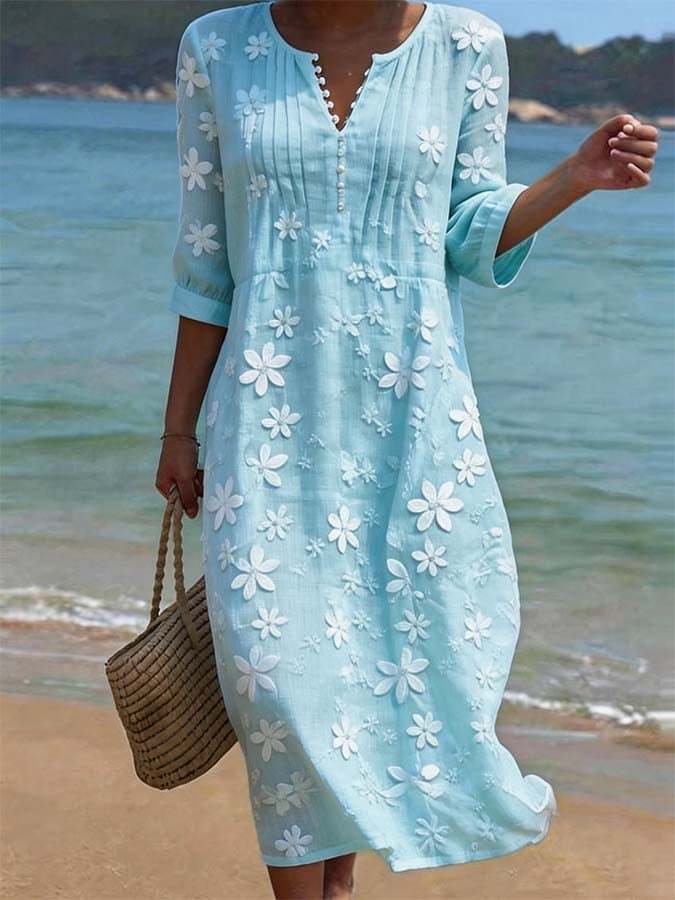 Women's casual linen dress with floral print