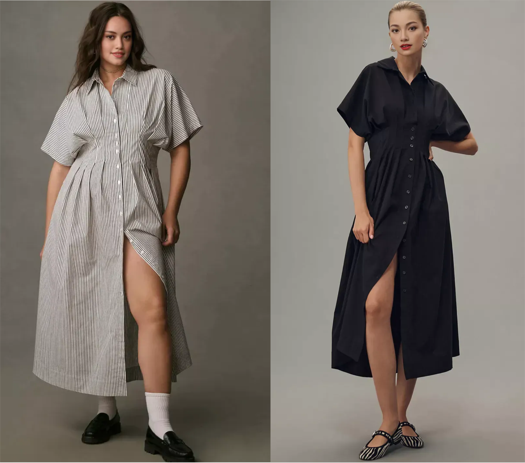 Button-Front Pleated Midi Shirt Dress (Buy 2 Free Shipping)