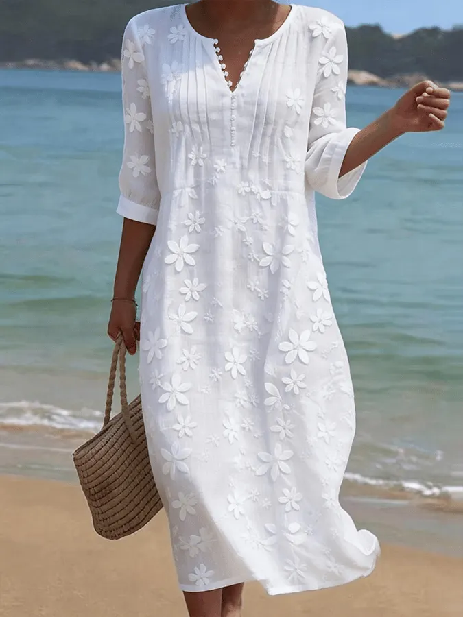 Women's casual linen dress with floral print