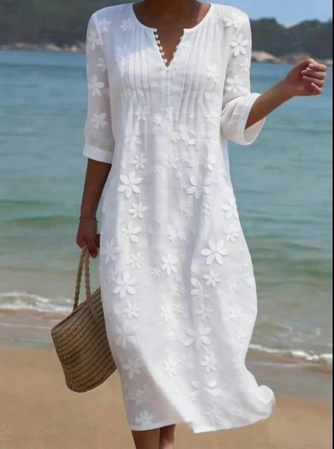 Women's casual linen dress with floral print