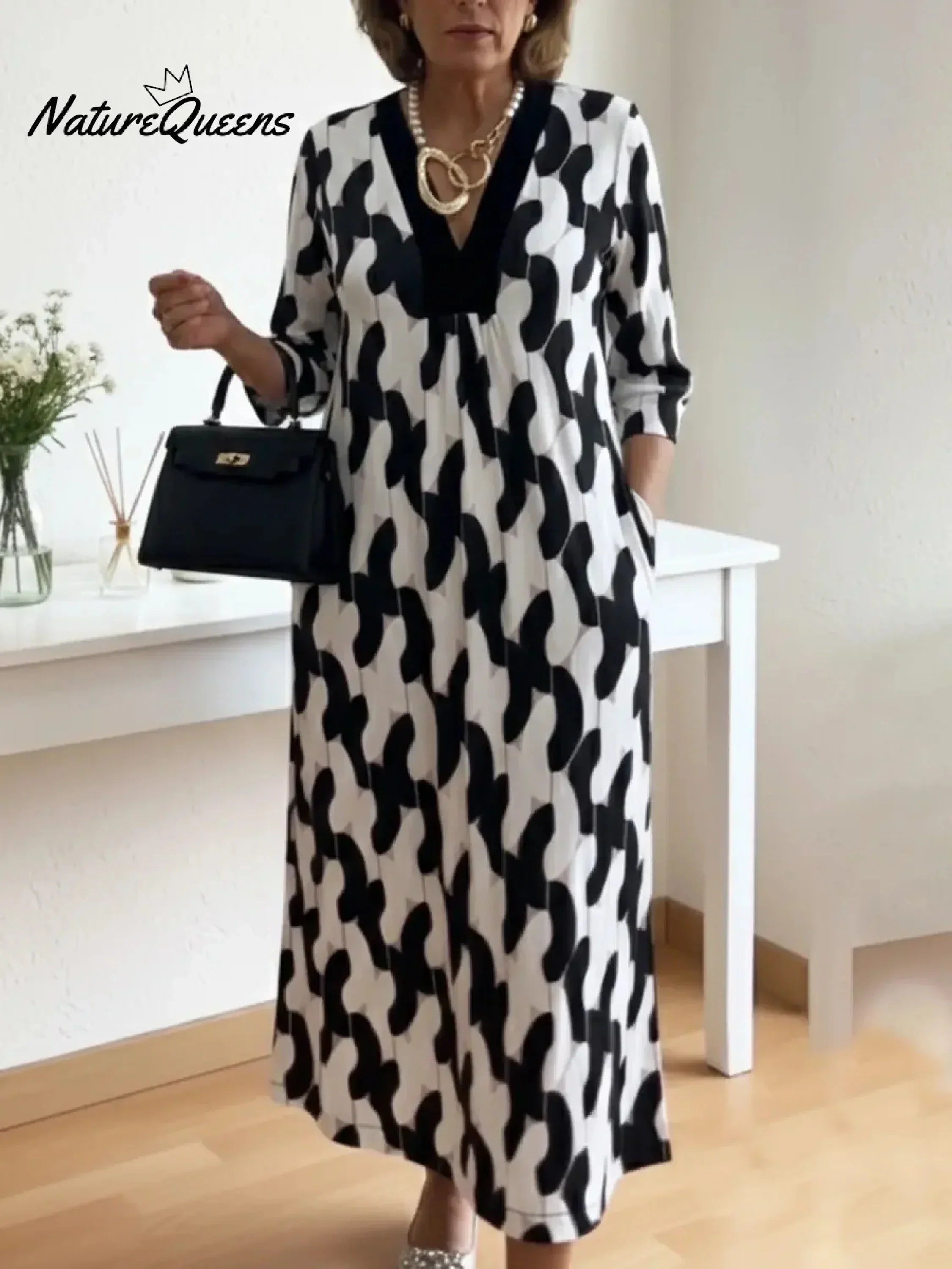 Elegant Art Print Color Block Trim V-neck Midi Dress