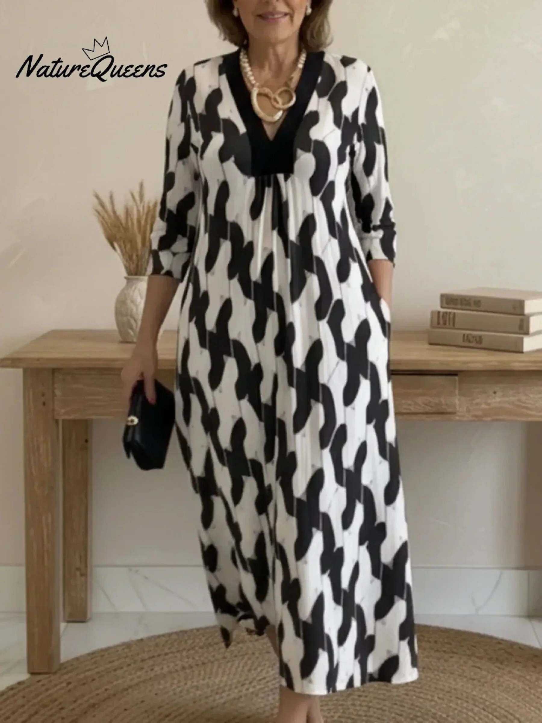 Elegant Art Print Color Block Trim V-neck Midi Dress
