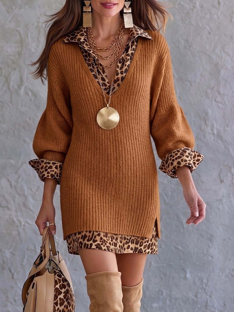 Stylish And Cozy Color-block Leopard Print Mini Knit Dress