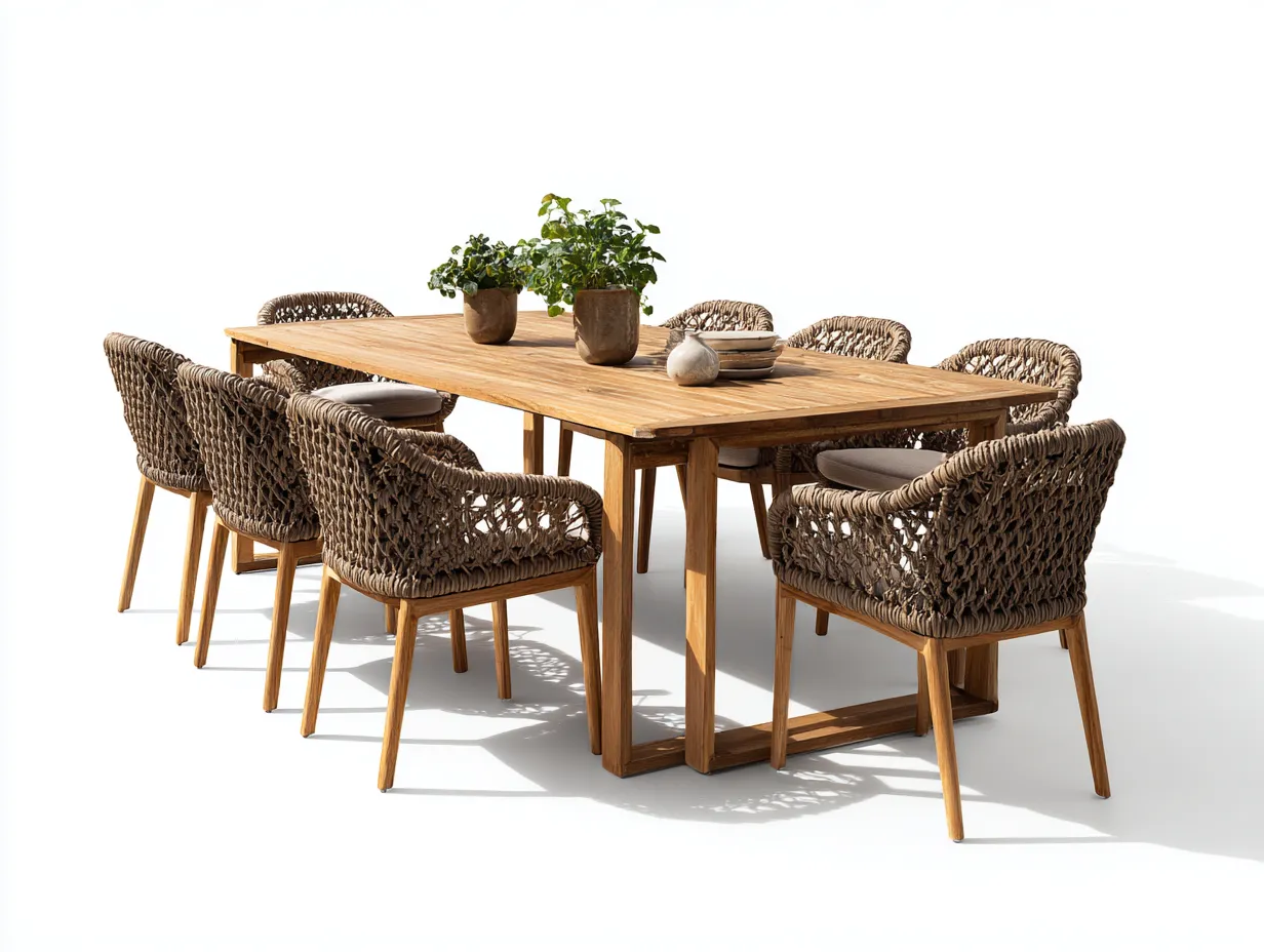 Salon de jardin repas - bois-corde synthétique - 210x100x75 cm - bois naturel-beige - design contemporain-Loftgohome