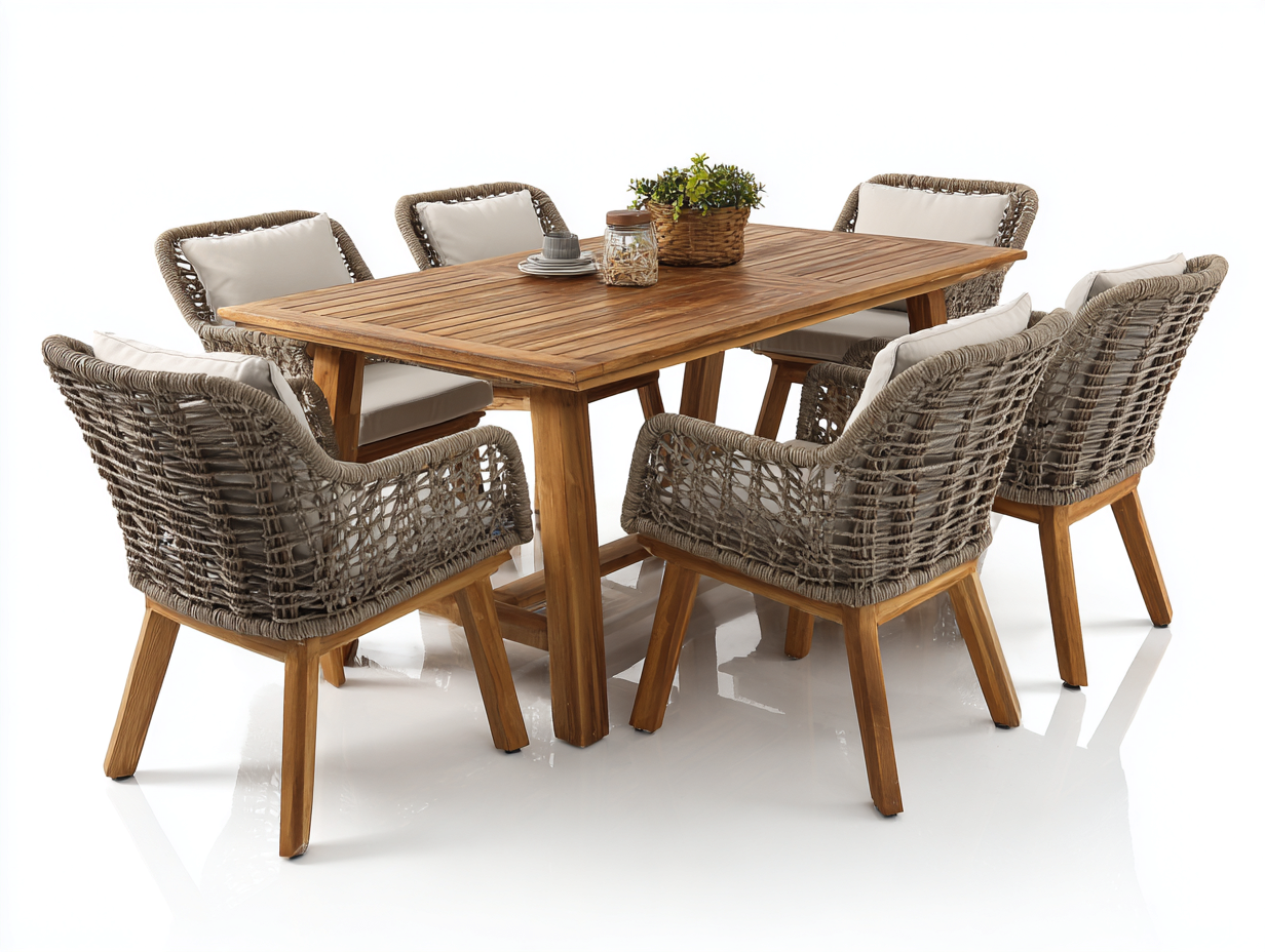 Salon de jardin repas - bois-corde synthétique - 200x95x75 cm - bois naturel-gris - design contemporain-Loftgohome