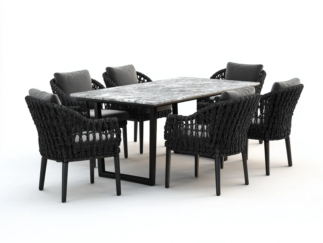 Salon de jardin repas - métal-corde synthétique-pierre - 180x90x75 cm - noir - design contemporain-Loftgohome