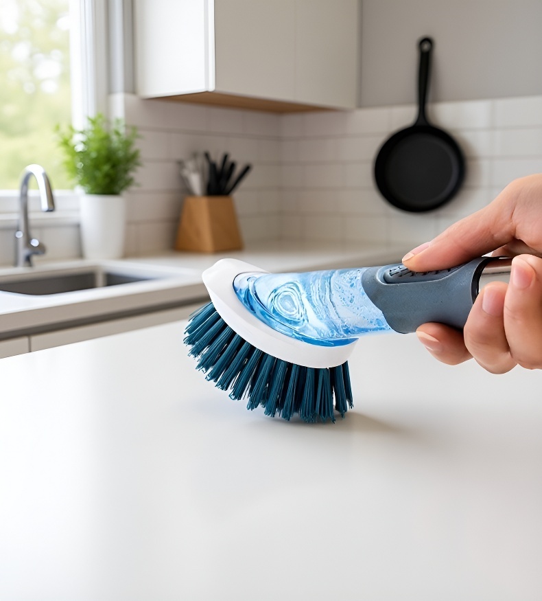 Multifunktionale Spülbürste mit integriertem Reinigungsmittelspender