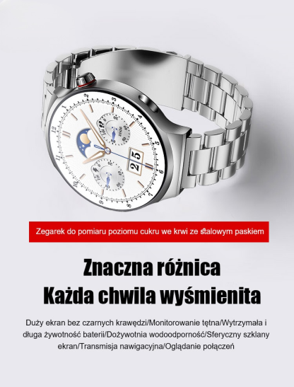 Zegarek do pomiaru poziomu cukru we krwi ze stalowym paskiem