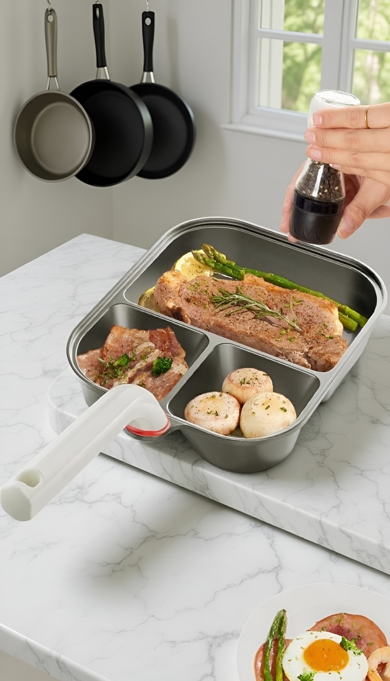 Non-stick breakfast pan with three compartments