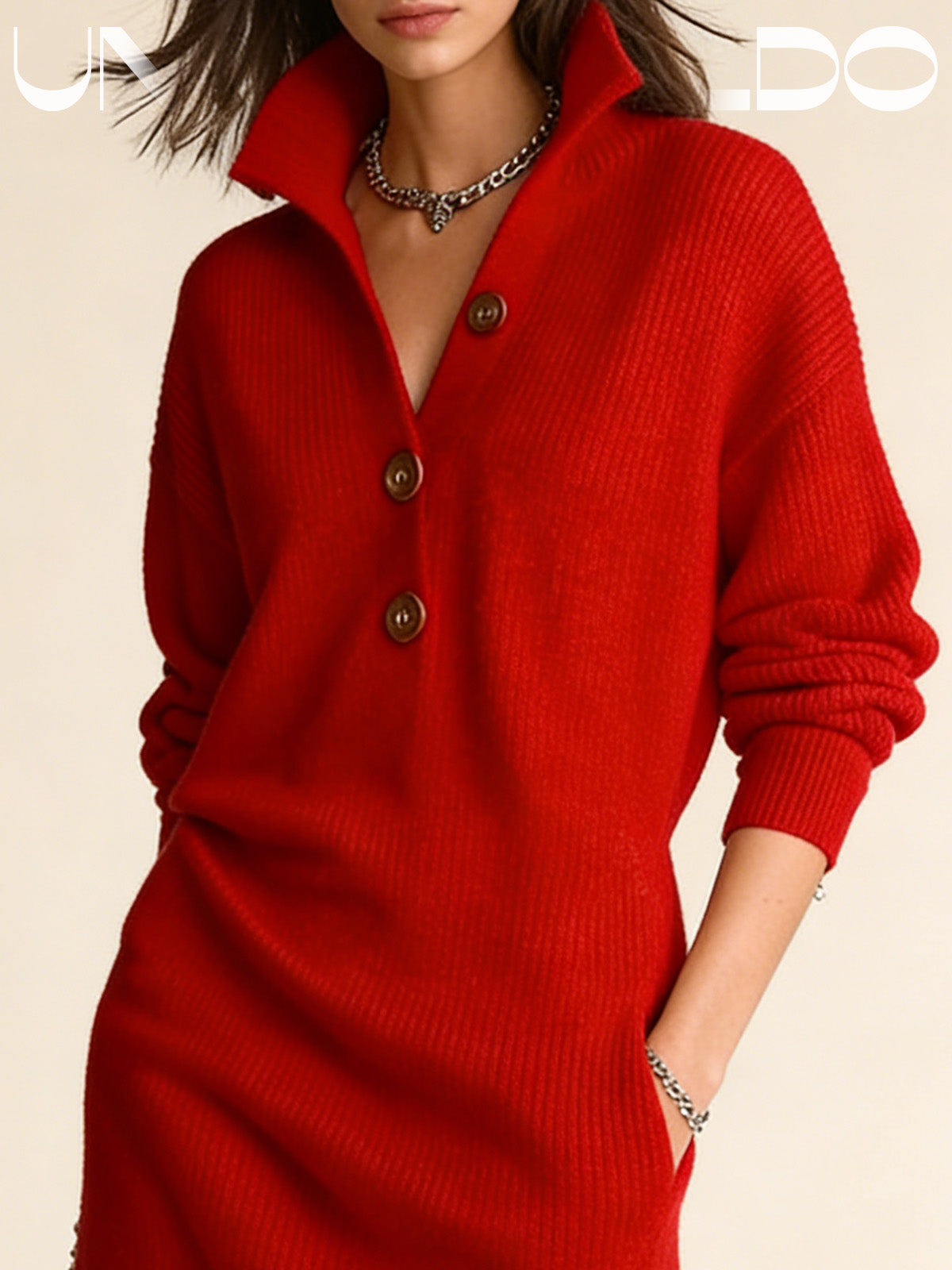 ✨ Плетена свободна рокля с копчета и стоящ яка ✨