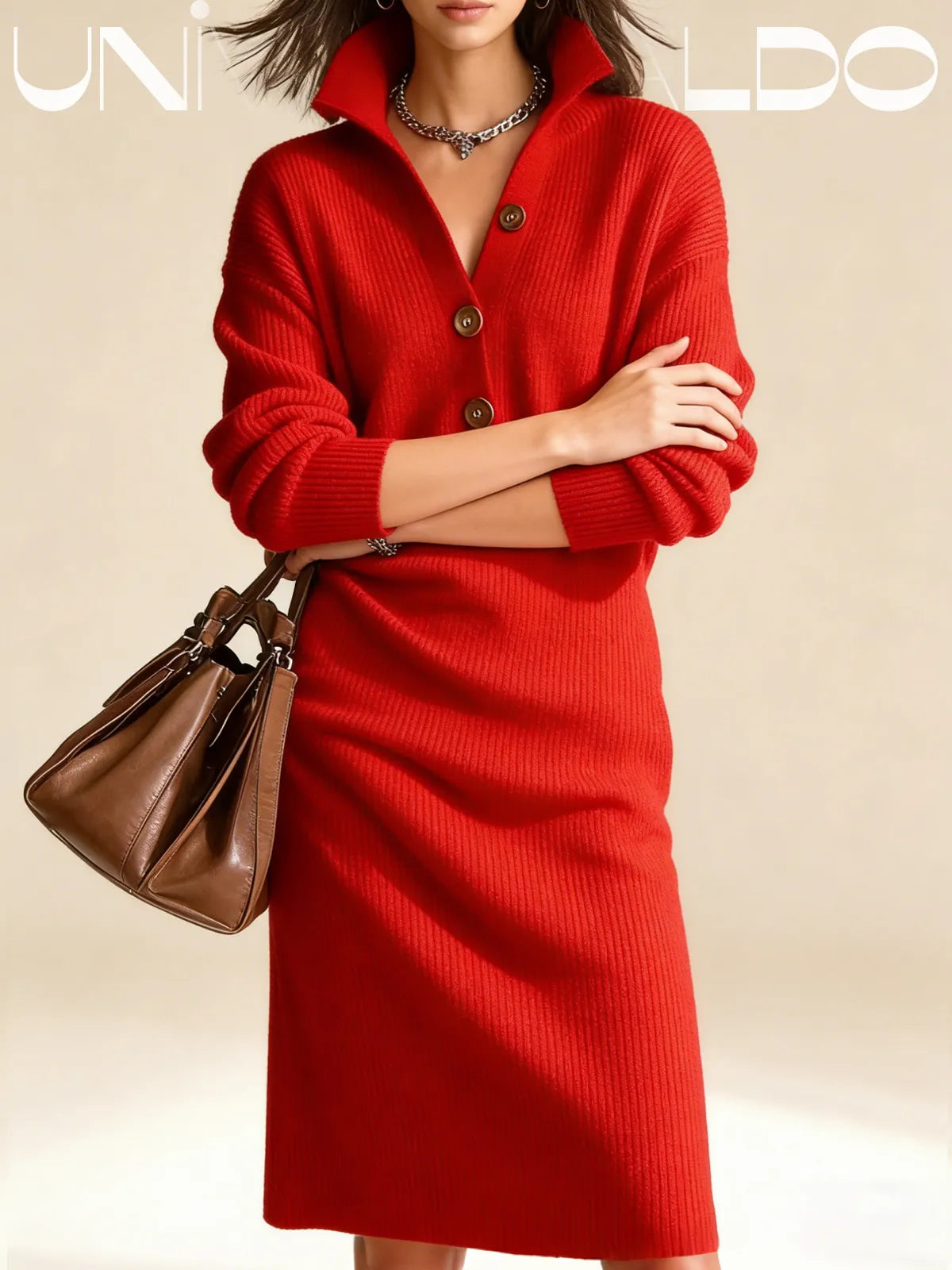 ✨ Плетена свободна рокля с копчета и стоящ яка ✨