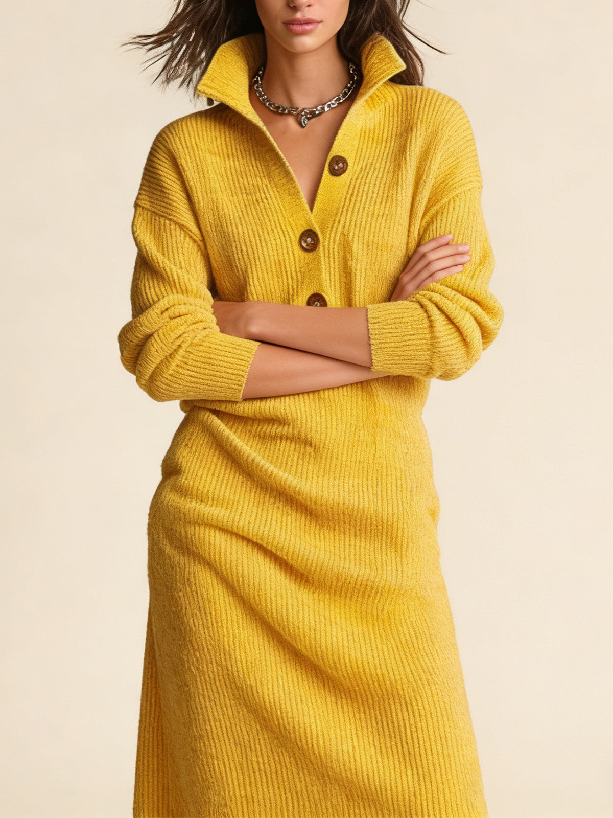 ✨ Плетена свободна рокля с копчета и стоящ яка ✨