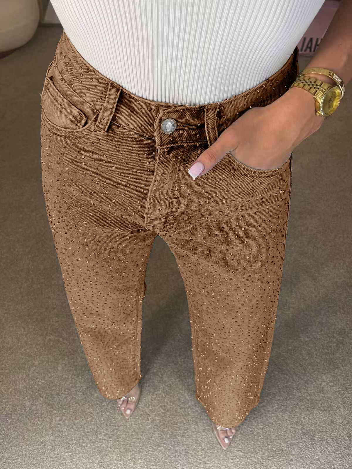 Дънки с висока талия, прав крачол и декоративни кристали 💎