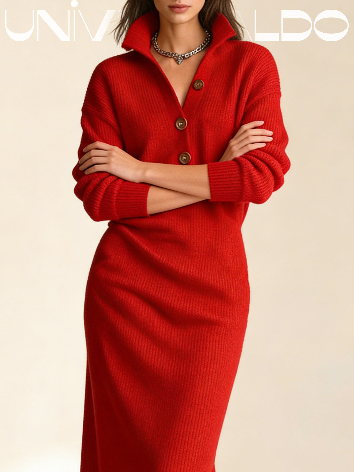 ✨ Плетена свободна рокля с копчета и стоящ яка ✨