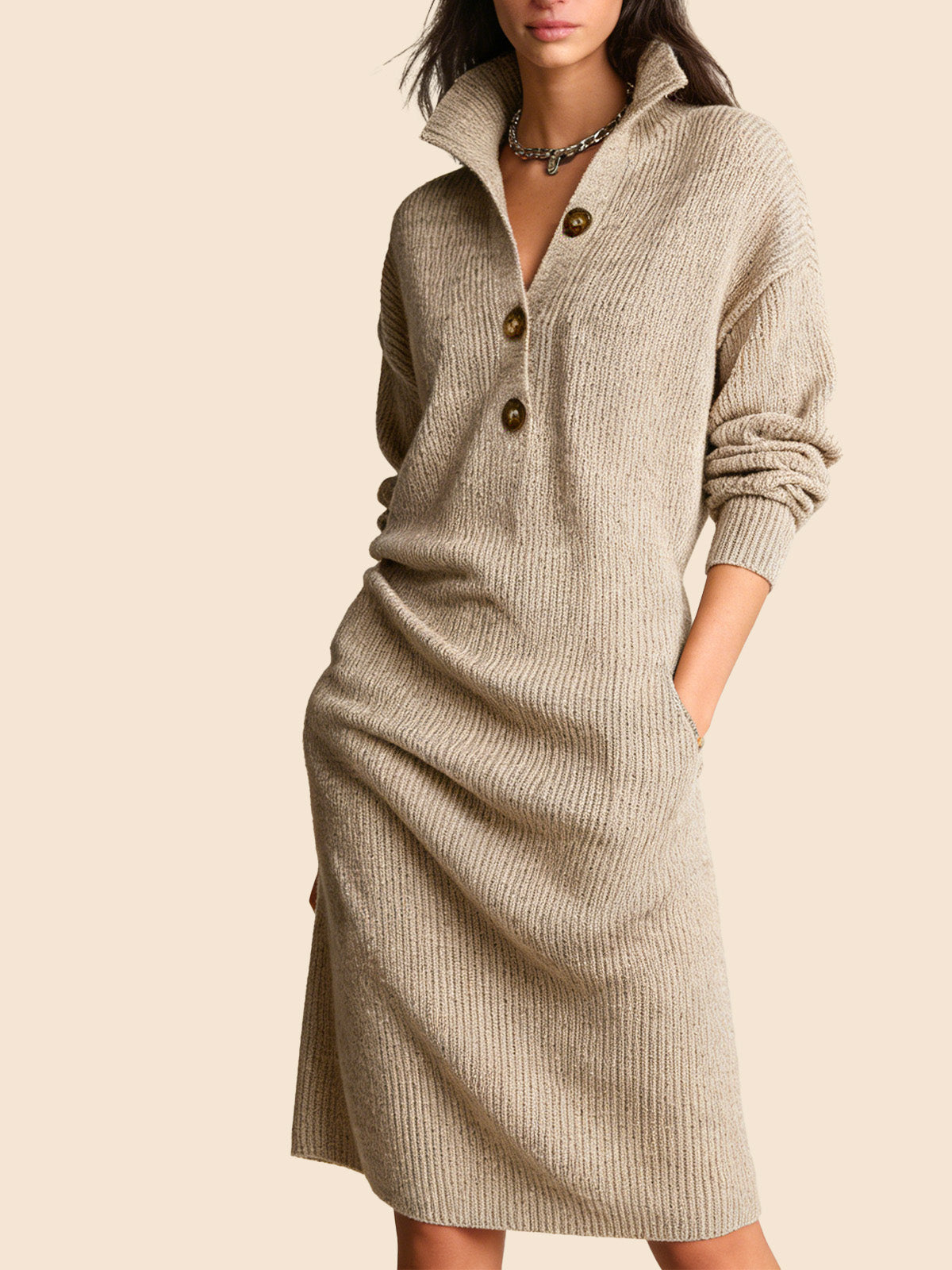 ✨ Плетена свободна рокля с копчета и стоящ яка ✨